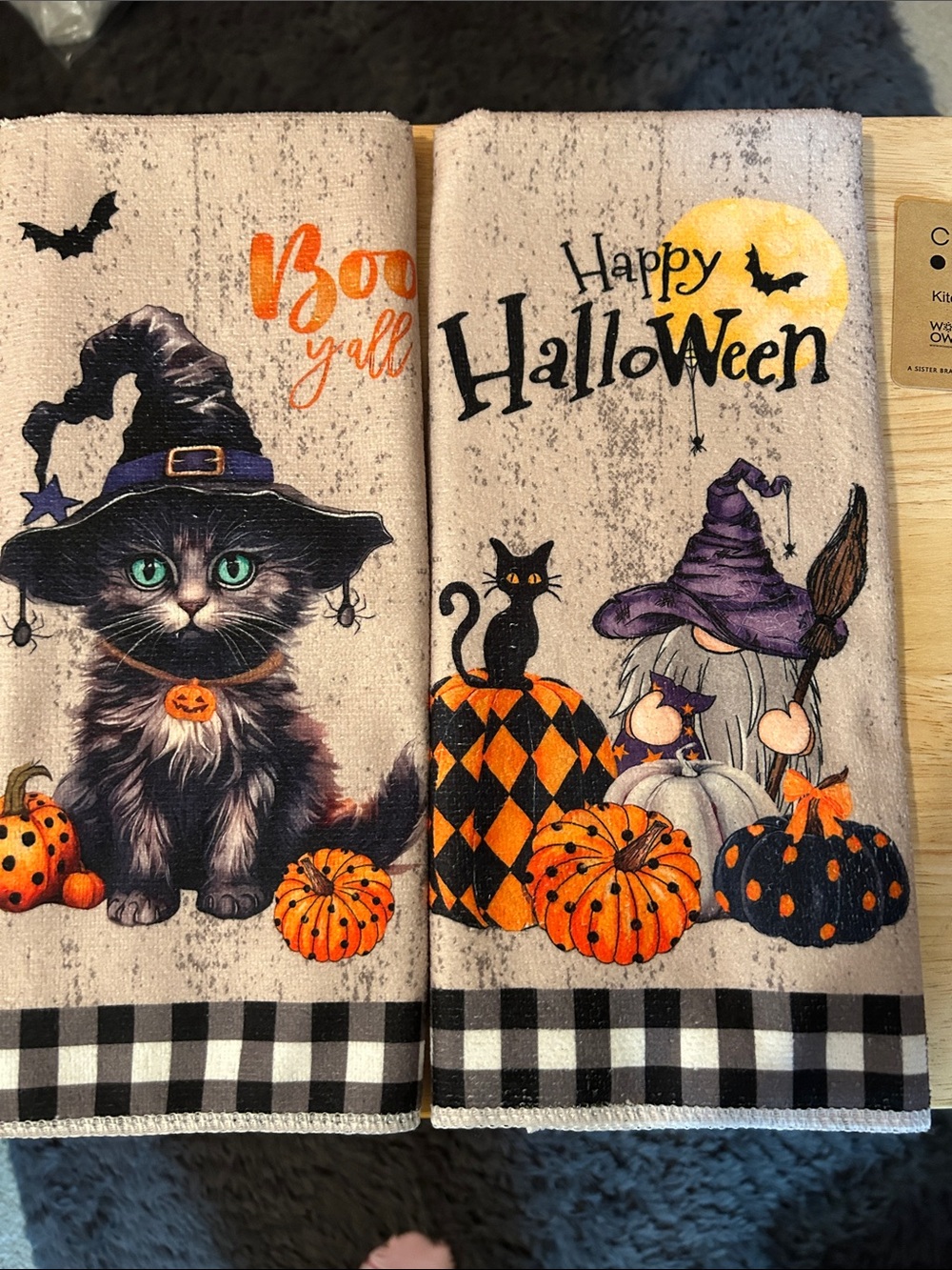 Halloween Cat & Gnome Kitchen Towels - Orange, Black